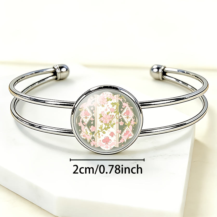 Adjustable Open Bangle with Round Time Gemstone Inlay, Floral Design